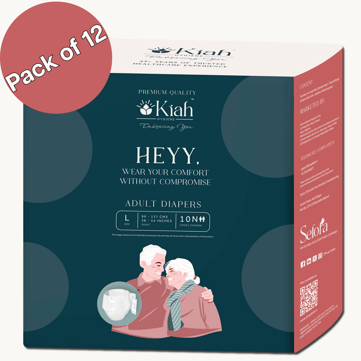 KIAH Tape Style Adult Diapers - size L | Pack of 12 | Add on