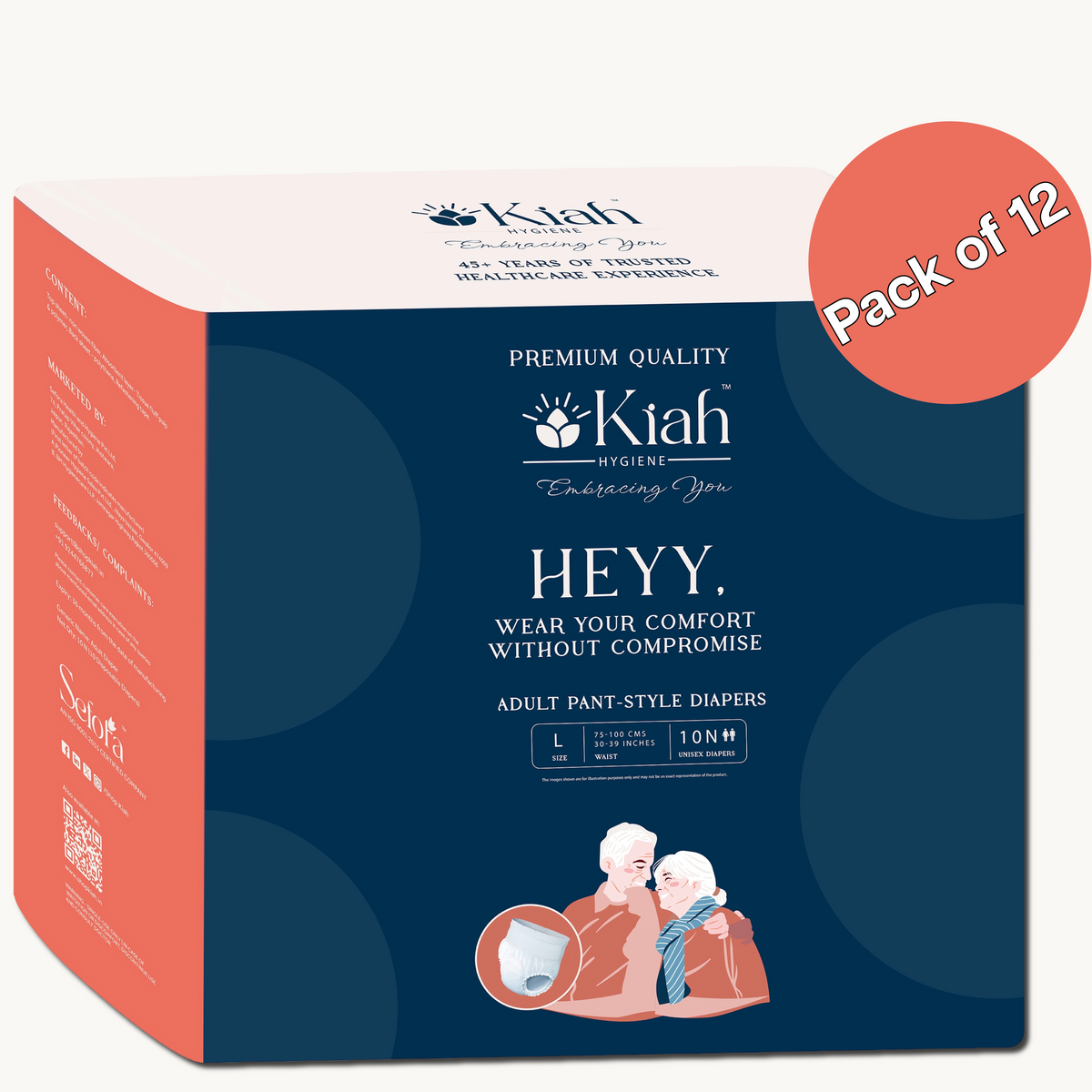 KIAH Pant Style Adult Diapers - Size L | Premium Pants | Pack of 12 | Add on