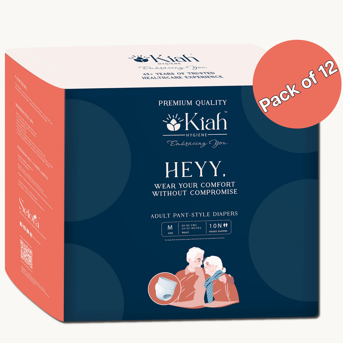 KIAH Pant Style Adult Diapers - Size M | Premium Pants | Pack of 12 | Add on