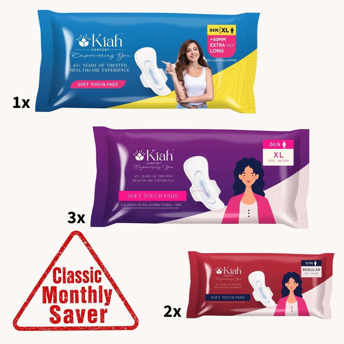 Classic Monthly Saver Combo | 1x XL Quick dry Pads ( 8N) , 2x Regular pads (7N) , 3x XL Cottony (6N)
