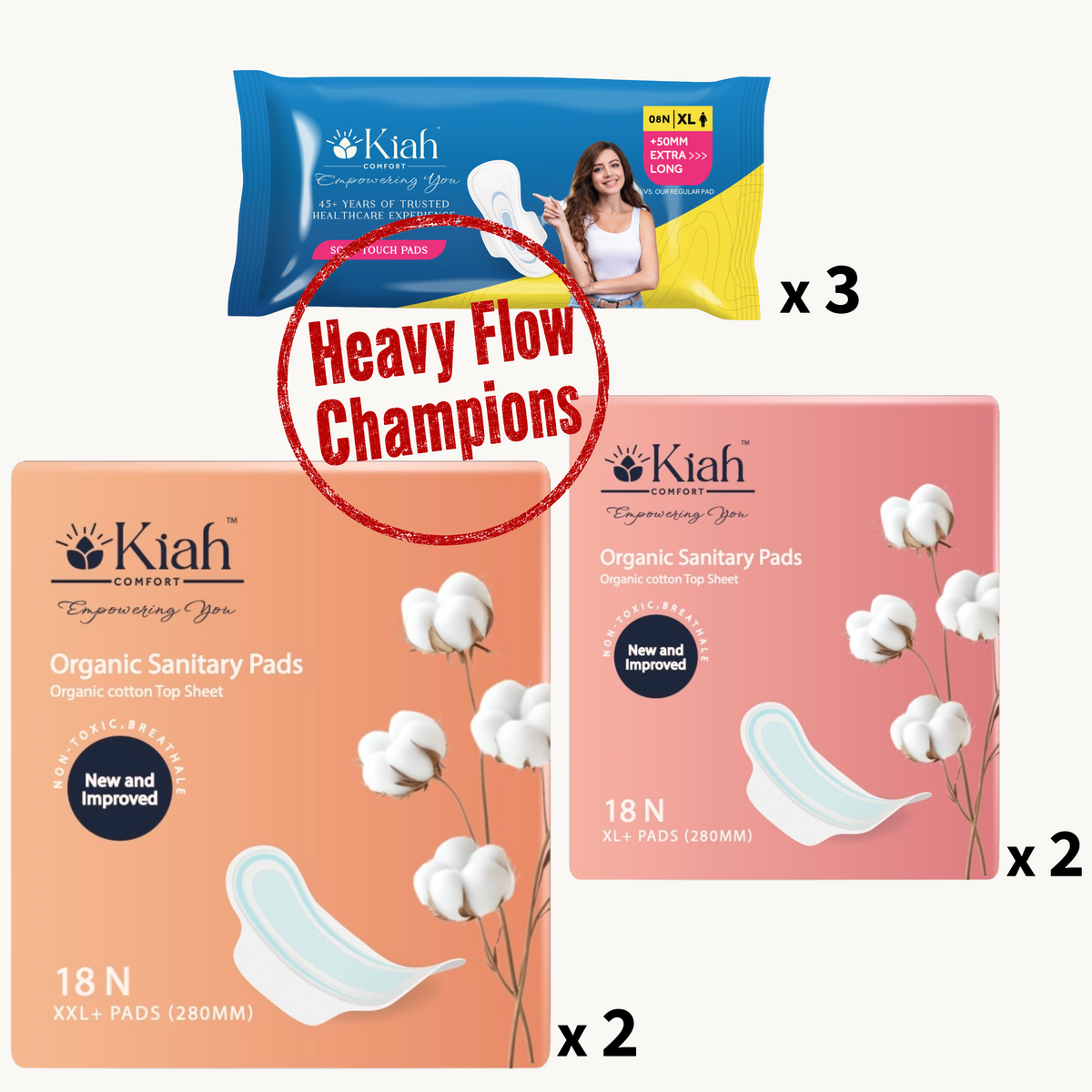 Heavy Flow Champions Combo | 2x Organic XL(18N), 2x Organic XXL(18N), 3x XL Quick dry (8N)