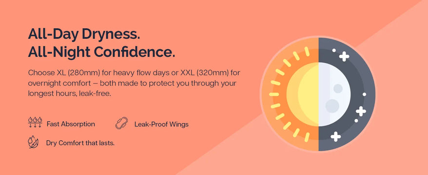 Kiah Comfort Organic Sanitary Pads - XL | 280 mm | Premium Breathable Rash Free