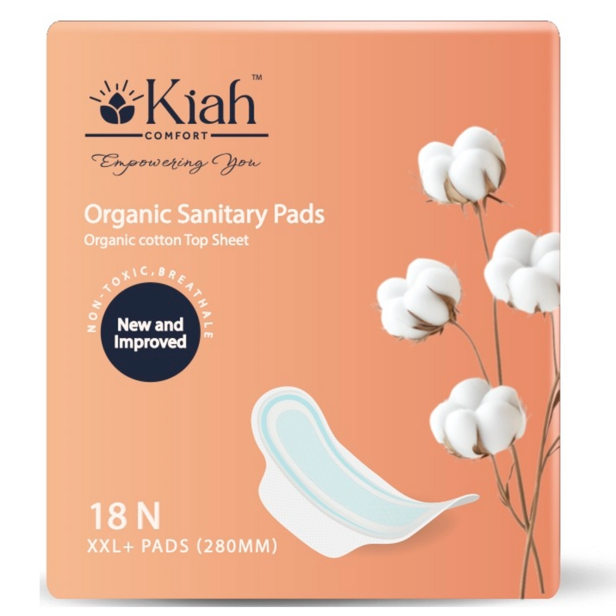 KIAH Organic Sanitary Pads - XXL | 320 mm | Premium Breathable Rash Free | 18 Pads