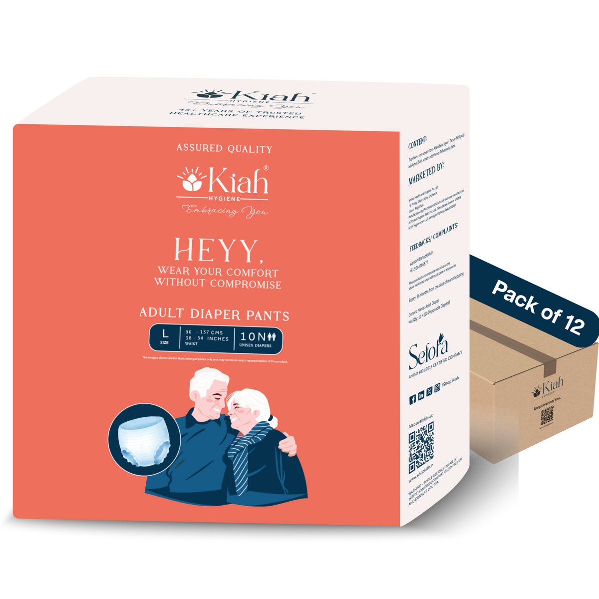 KIAH Pant Style Adult Diapers - Size L | Standard Pants | Pack of 12 | Add On