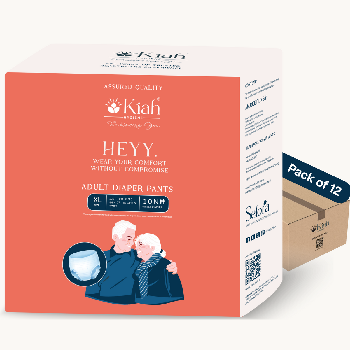 KIAH Pant Style Adult Diapers - Size XL | Standard Pants | Pack of 12 | Add On