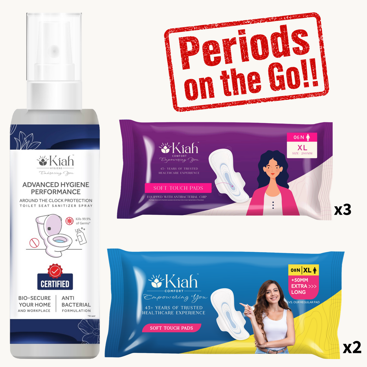 Portable Period Essentials Combo | 1x 60ml Sanitiser + 2x XL Quick dry (8N) + 3x XL Cottony (6N)