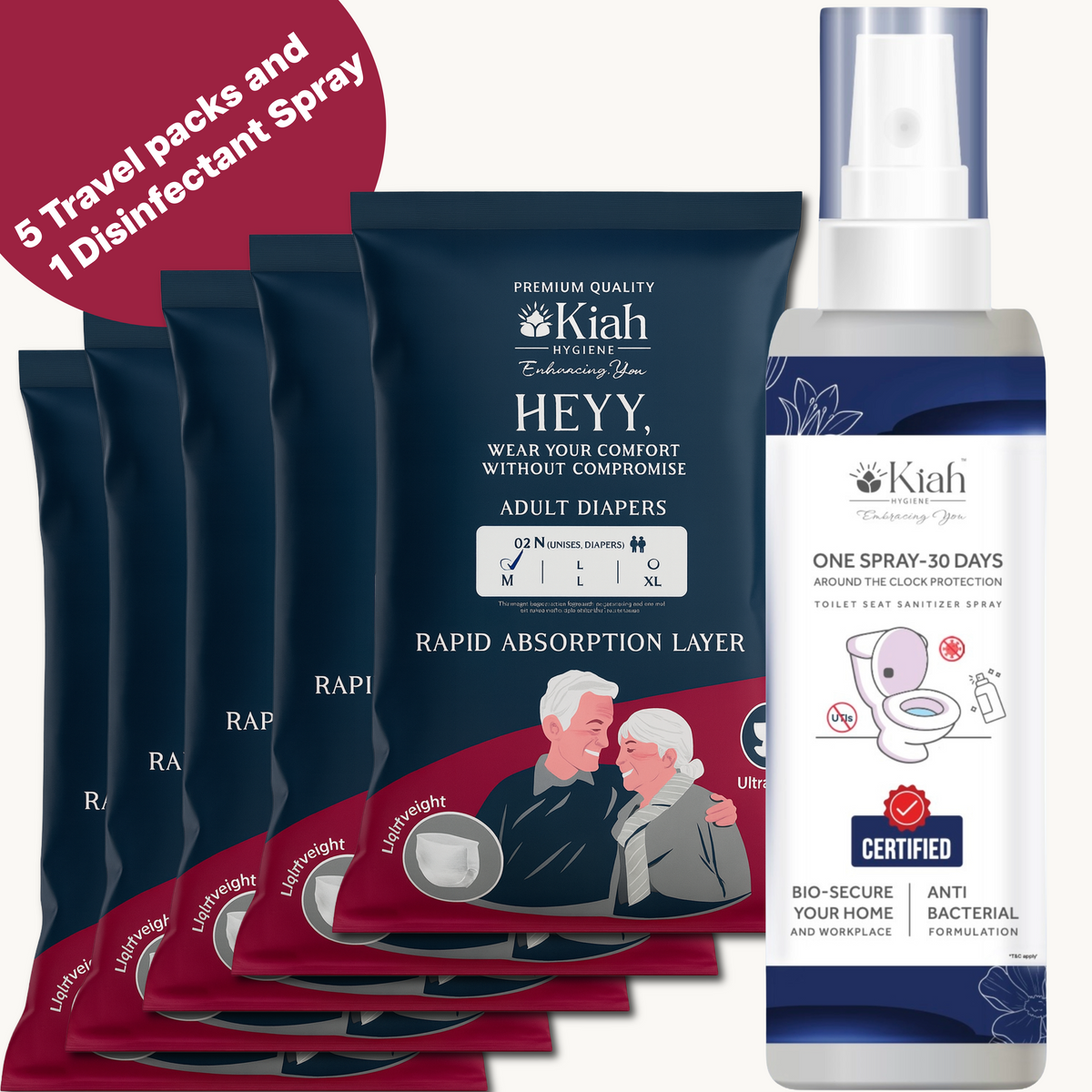Assisted Elderly Care Travel Combo | 5x Adult Tape diapers (2N) + 1x 110ml Toilet sanitiser